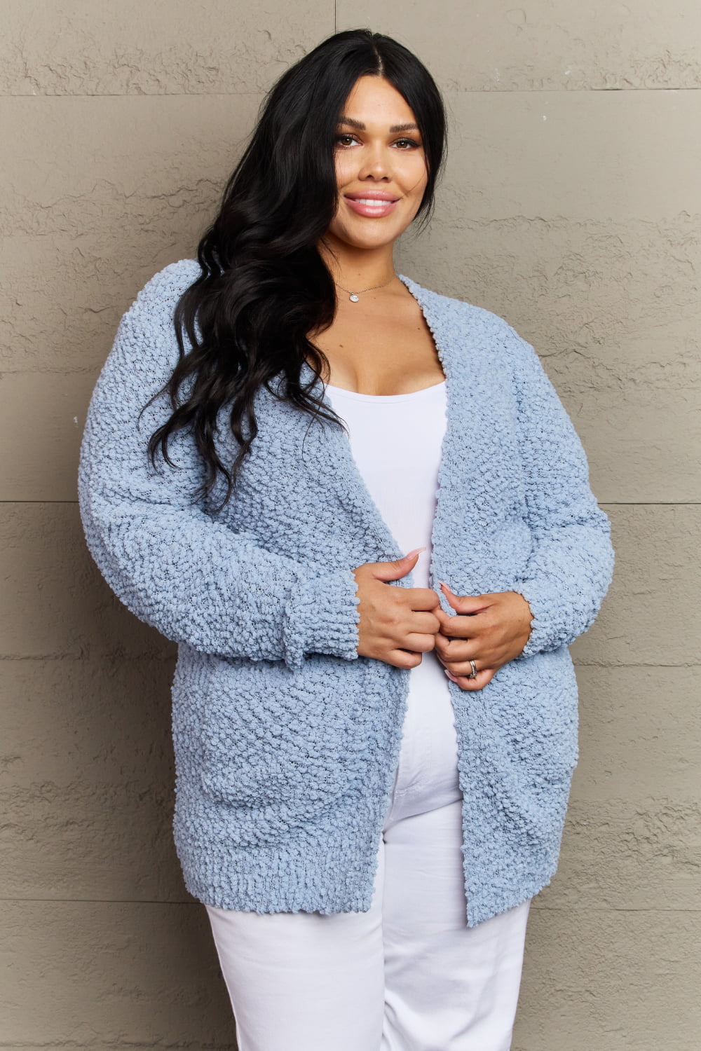 Open Front Popcorn Knit Cardigan in Pastel BlueCardiganZenana