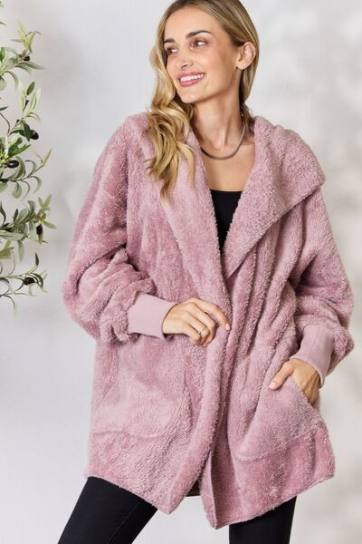 Faux Fur Open Front Hooded Jacket in Dusty LilacJacketH&T