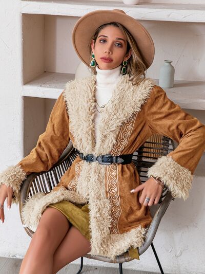 Faux Fur Open Front Long Sleeve Jacket in CaramelJacketBeach Rose Co.