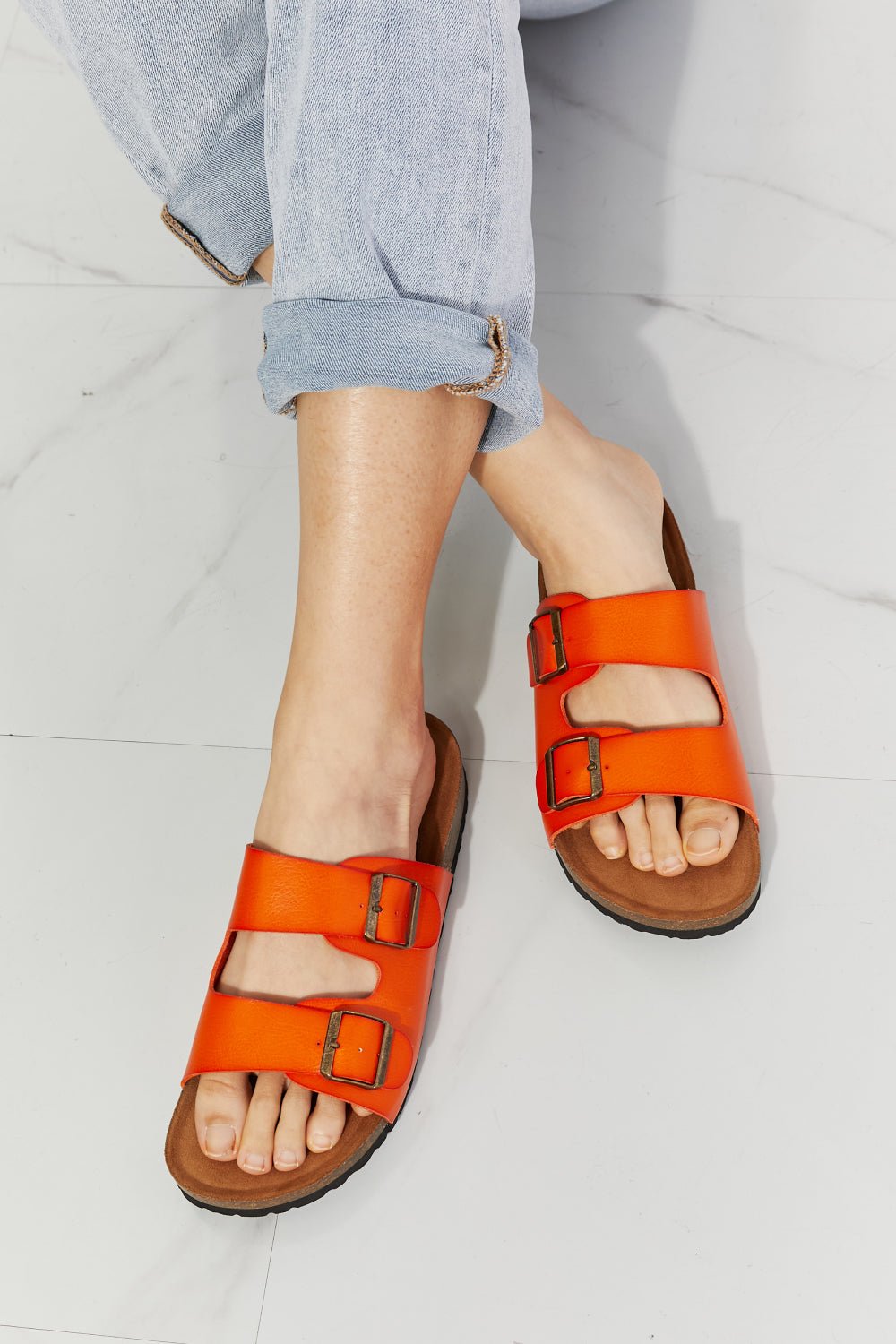 Vegan Leather Double Banded Slide Sandals in OrangeSandalsMelody