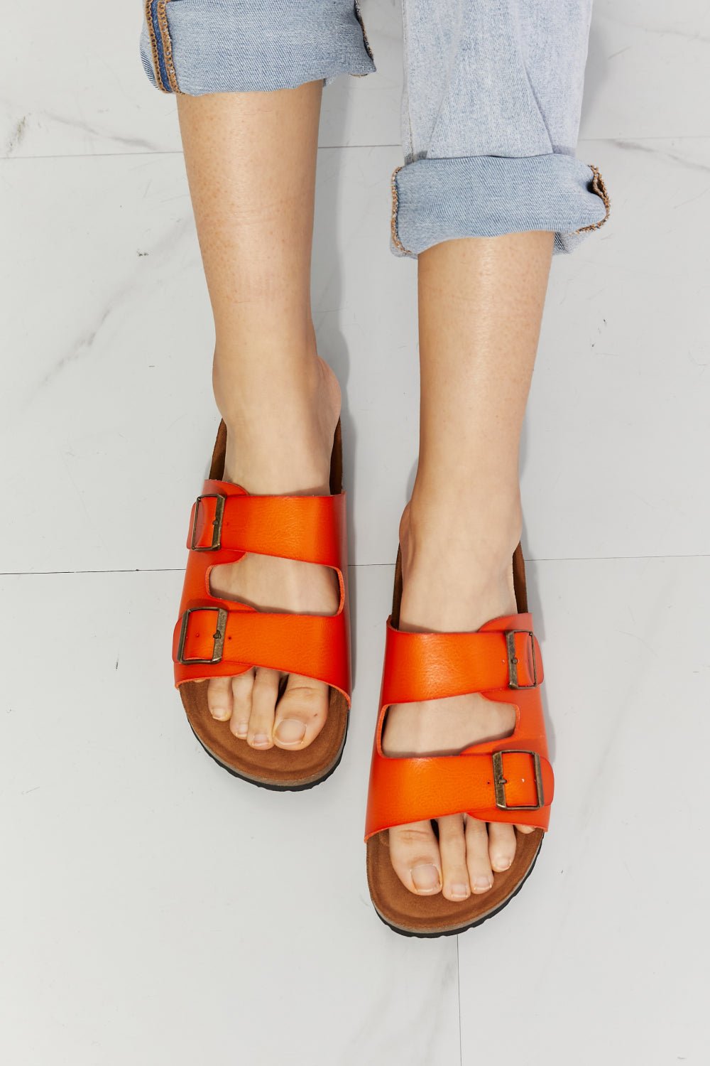 Vegan Leather Double Banded Slide Sandals in OrangeSandalsMelody