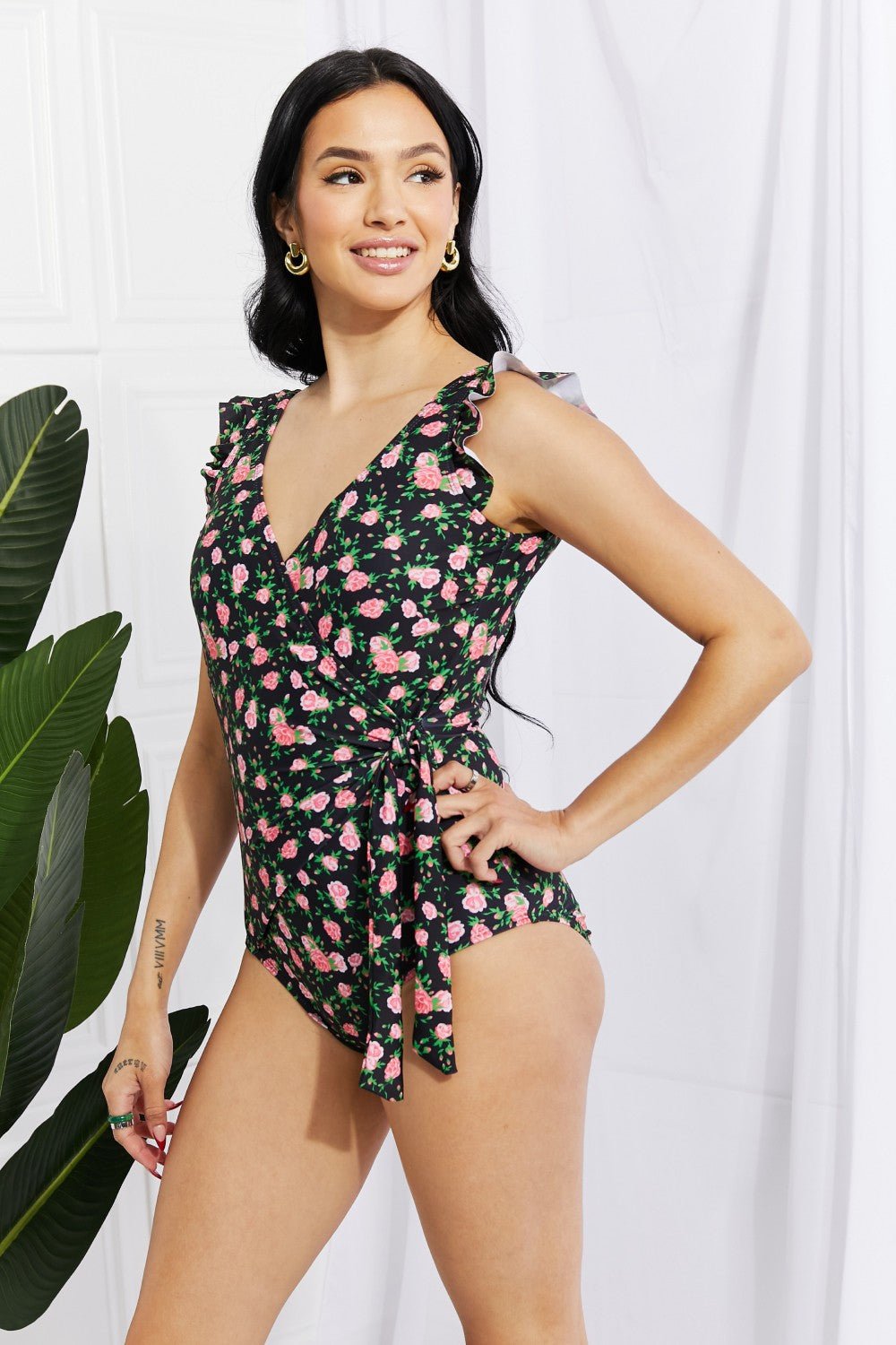 Ruffle Faux Wrap One-Piece Swimsuit in Black FloralSwimsuitMarina West Swim