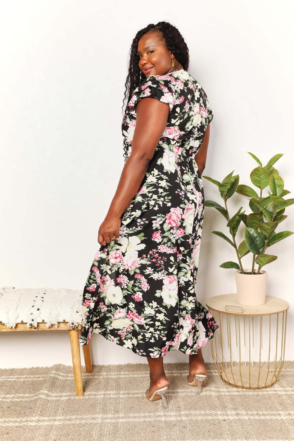 Floral Flutter Sleeve Tie-Waist Wrap Midi DressMidi DressDouble Take