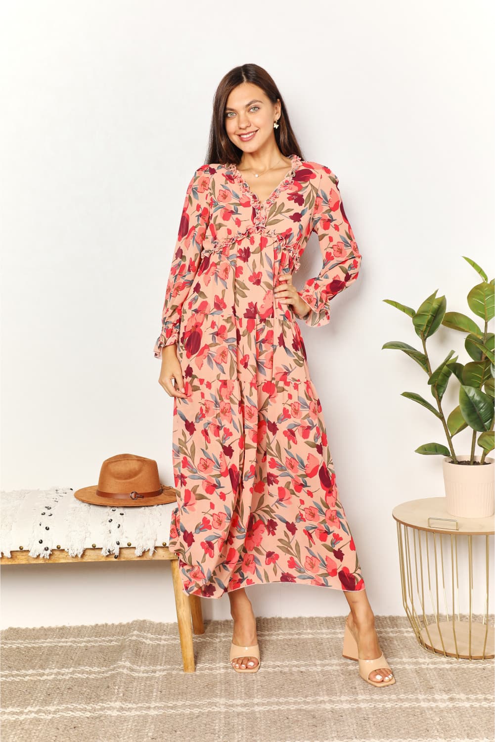 Floral Frill Trim Flounce Sleeve Maxi DressMaxi DressDouble Take