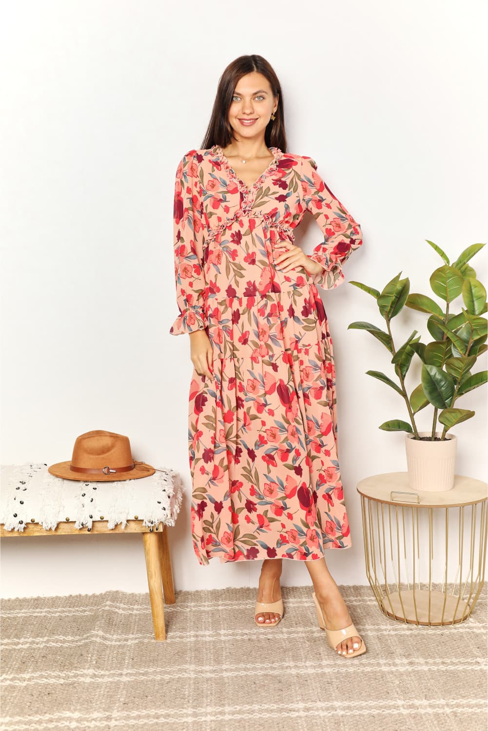 Floral Frill Trim Flounce Sleeve Maxi DressMaxi DressDouble Take