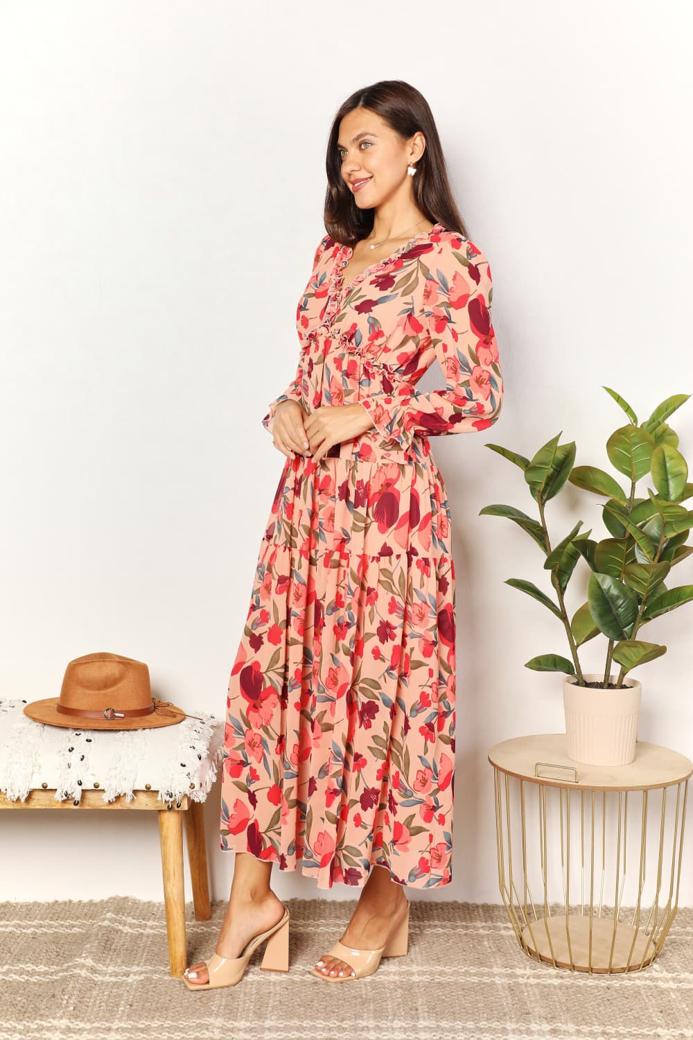 Floral Frill Trim Flounce Sleeve Maxi DressMaxi DressDouble Take