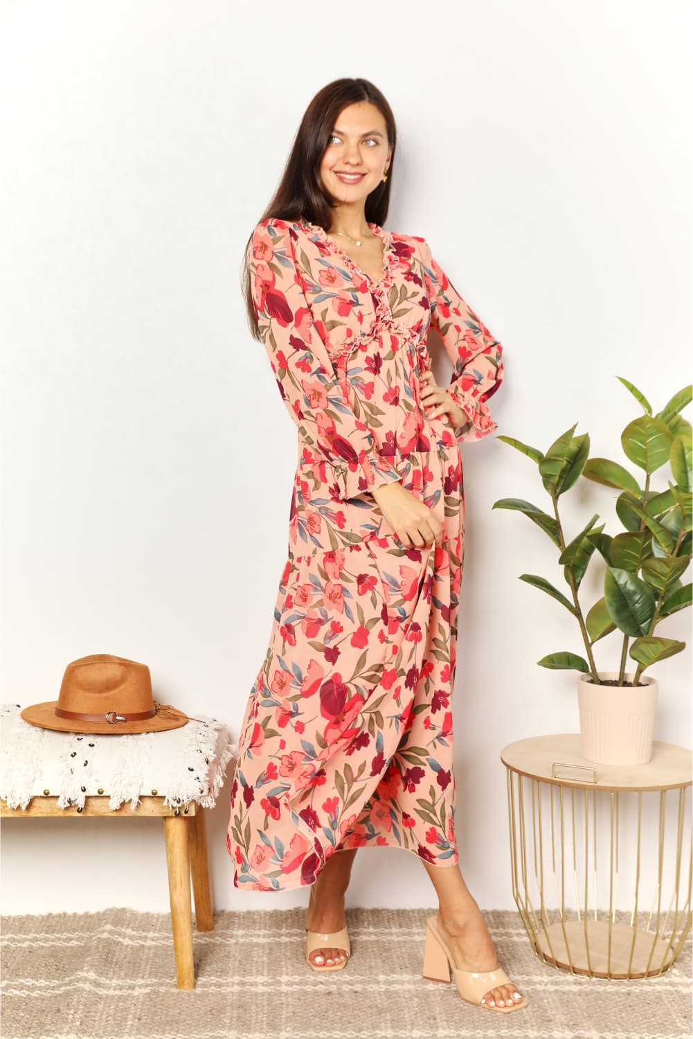 Floral Frill Trim Flounce Sleeve Maxi DressMaxi DressDouble Take