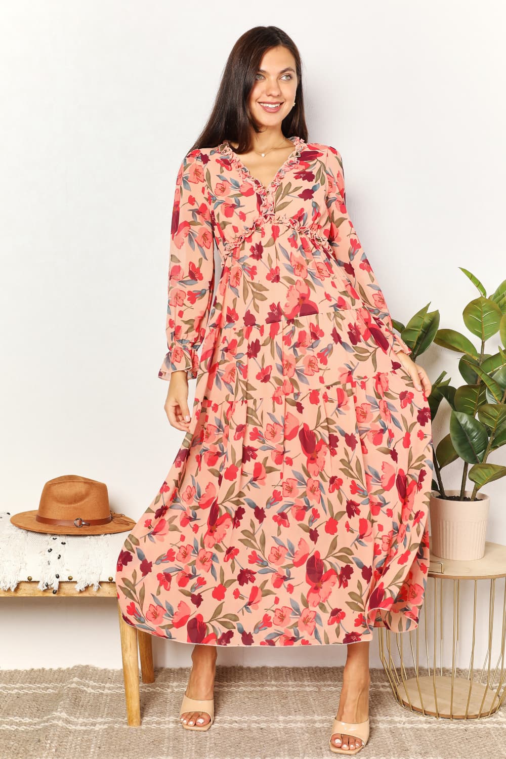 Floral Frill Trim Flounce Sleeve Maxi DressMaxi DressDouble Take