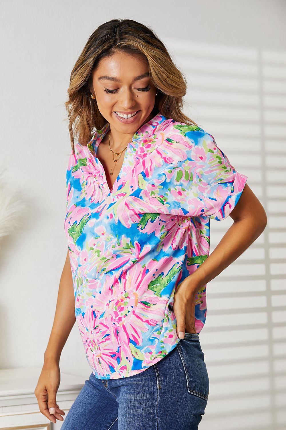 Floral Notched Neck Short Sleeve TopTopDouble Take