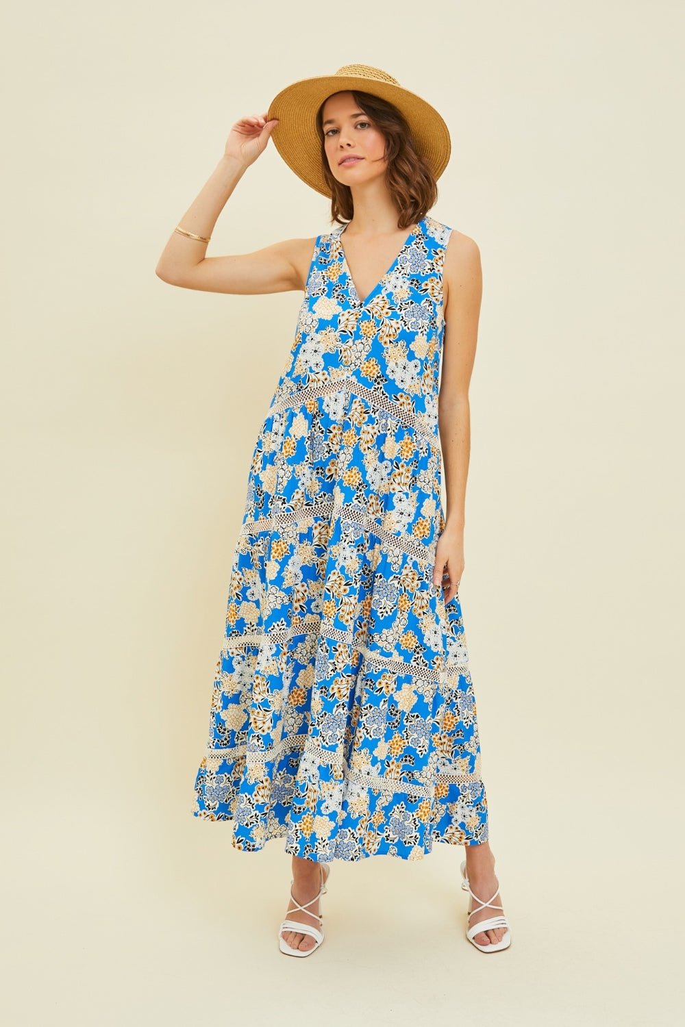 Floral Print Crochet Trim Maxi Dress in BlueMaxi DressHEYSON