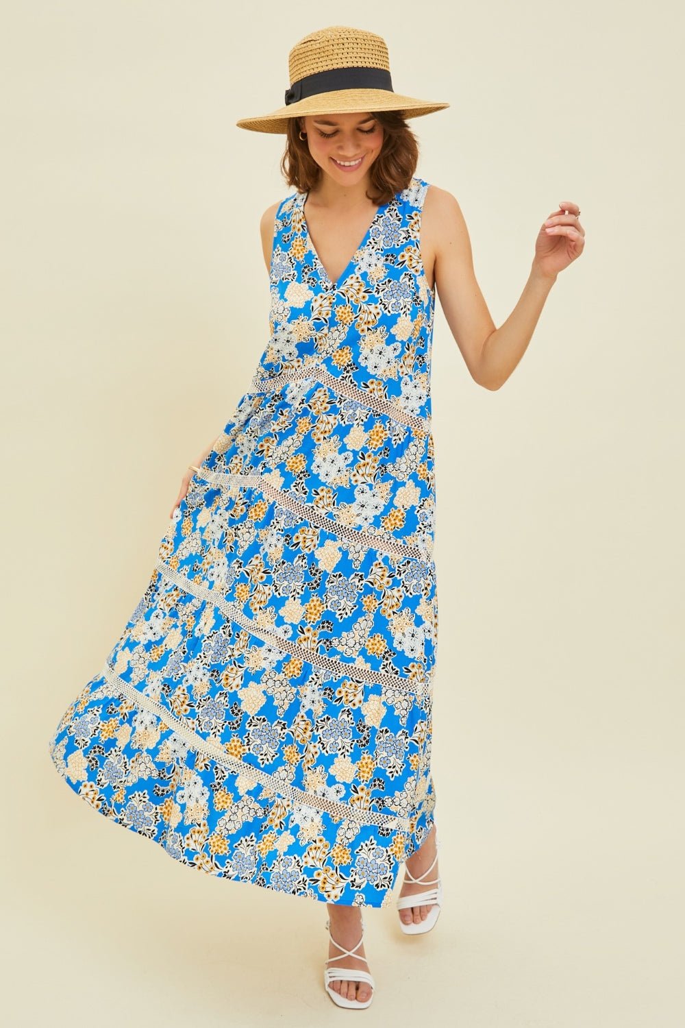 Floral Print Crochet Trim Maxi Dress in BlueMaxi DressHEYSON