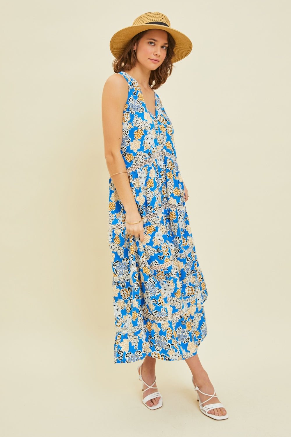 Floral Print Crochet Trim Maxi Dress in BlueMaxi DressHEYSON