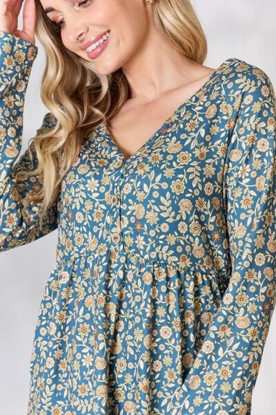 Floral Print Half Button Long Sleeve Blouse in Dusty TealBlouseHeimish