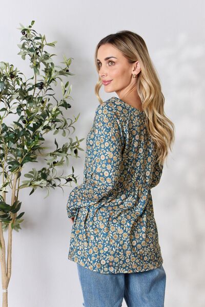 Floral Print Half Button Long Sleeve Blouse in Dusty TealBlouseHeimish