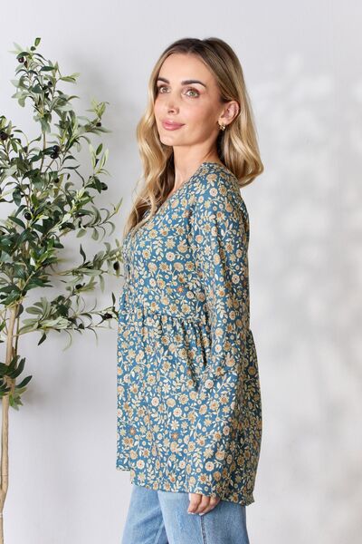 Floral Print Half Button Long Sleeve Blouse in Dusty TealBlouseHeimish