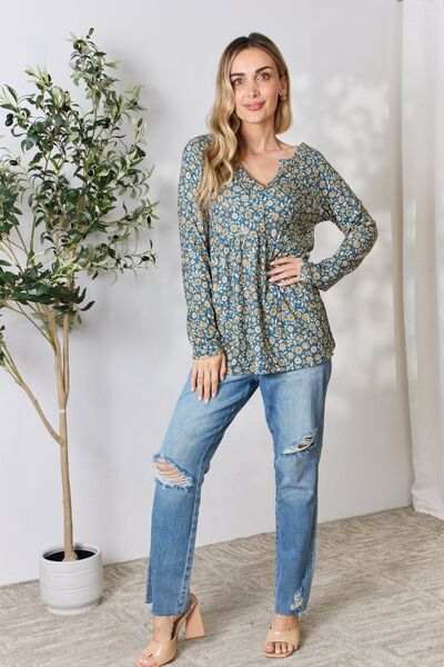 Floral Print Half Button Long Sleeve Blouse in Dusty TealBlouseHeimish