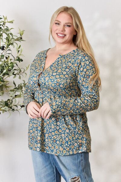 Floral Print Half Button Long Sleeve Blouse in Dusty TealBlouseHeimish