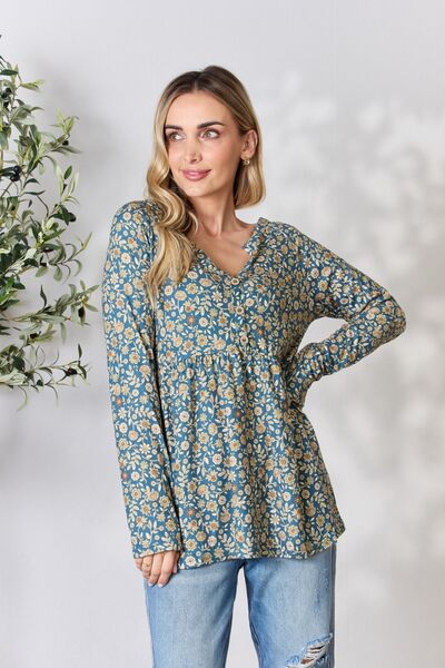 Floral Print Half Button Long Sleeve Blouse in Dusty TealBlouseHeimish