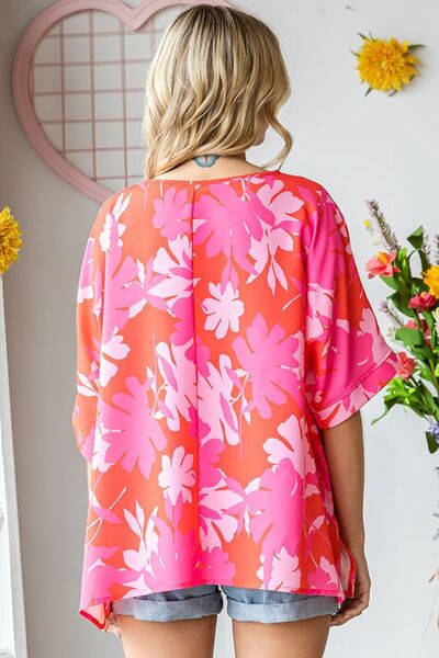 Floral Print Half Sleeve Blouse in Coral MultiBlouseFirst Love