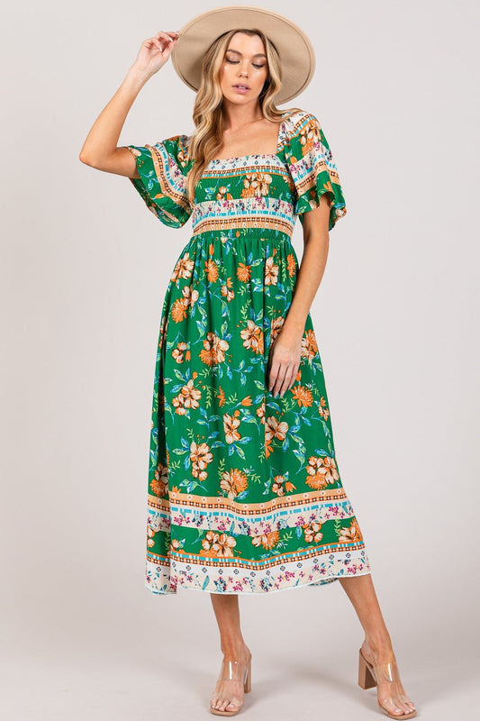 Floral Print Smocked Short Sleeve Midi Dress in GreenMidi DressSAGE+FIG