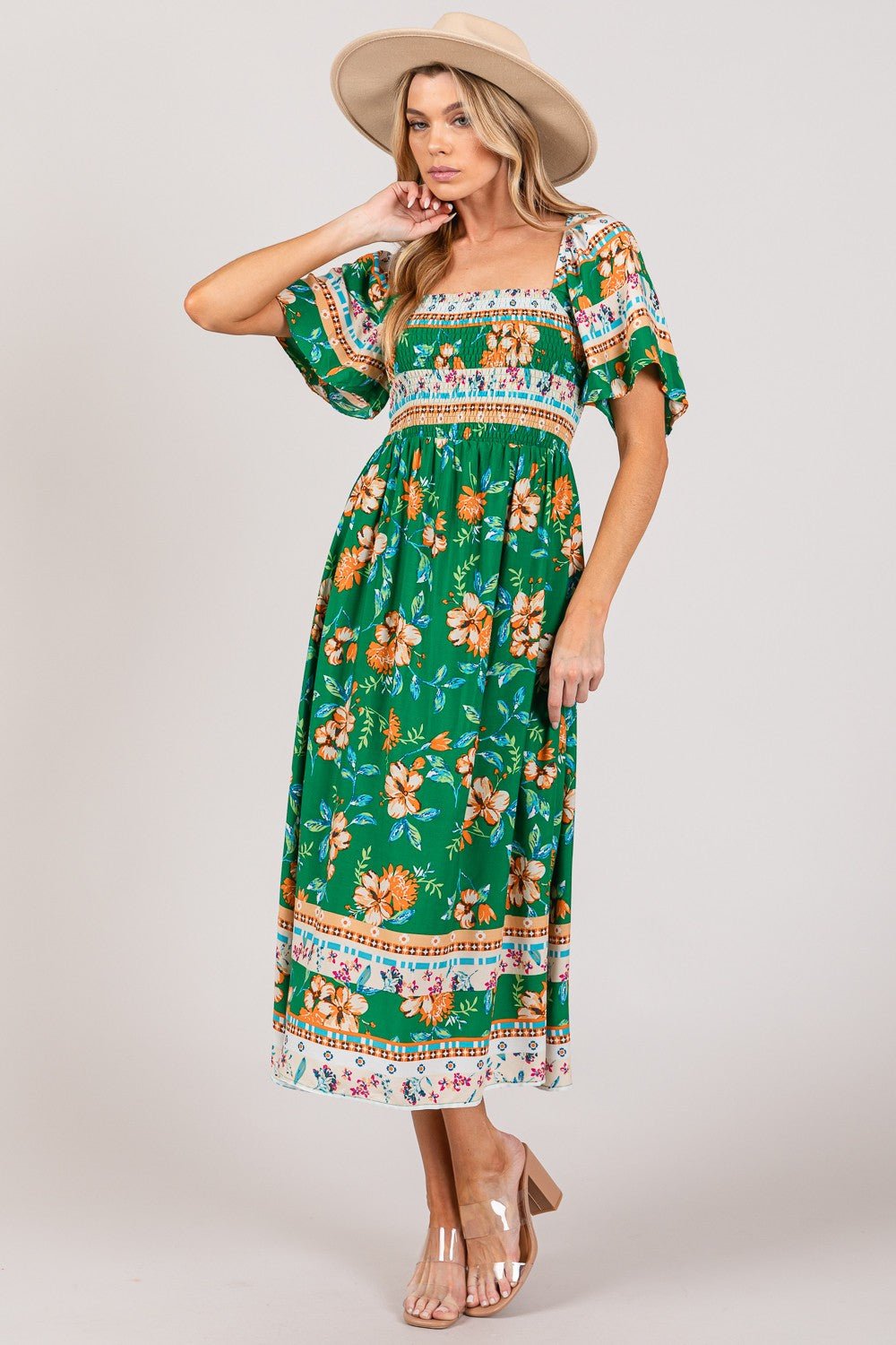 Floral Print Smocked Short Sleeve Midi Dress in GreenMidi DressSAGE+FIG