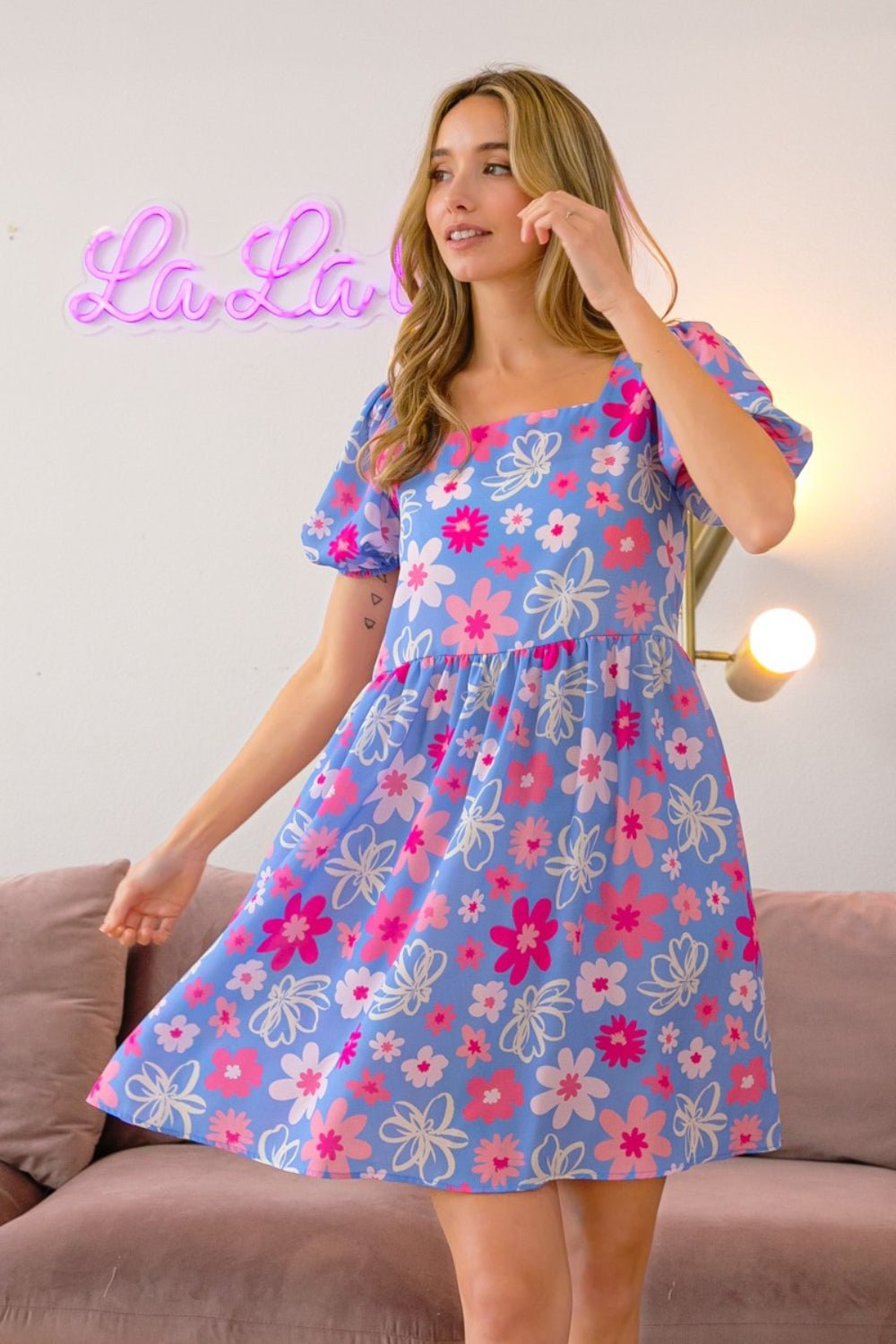 Floral Puff Sleeve Mini Dress in Blue/PinkMini DressBiBi