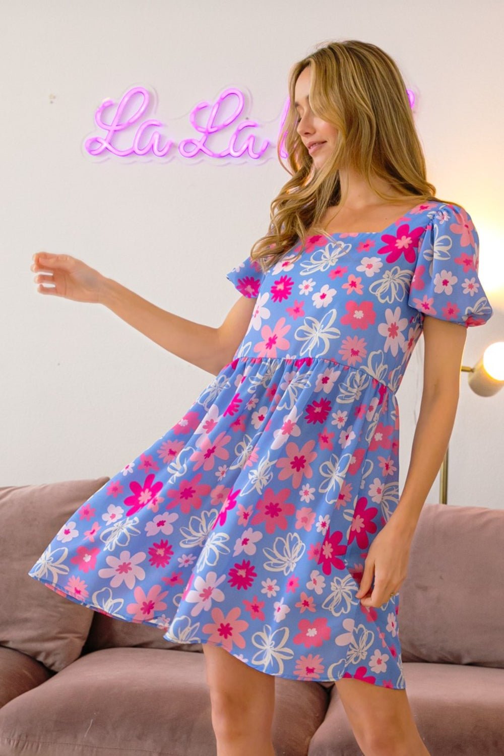Floral Puff Sleeve Mini Dress in Blue/PinkMini DressBiBi