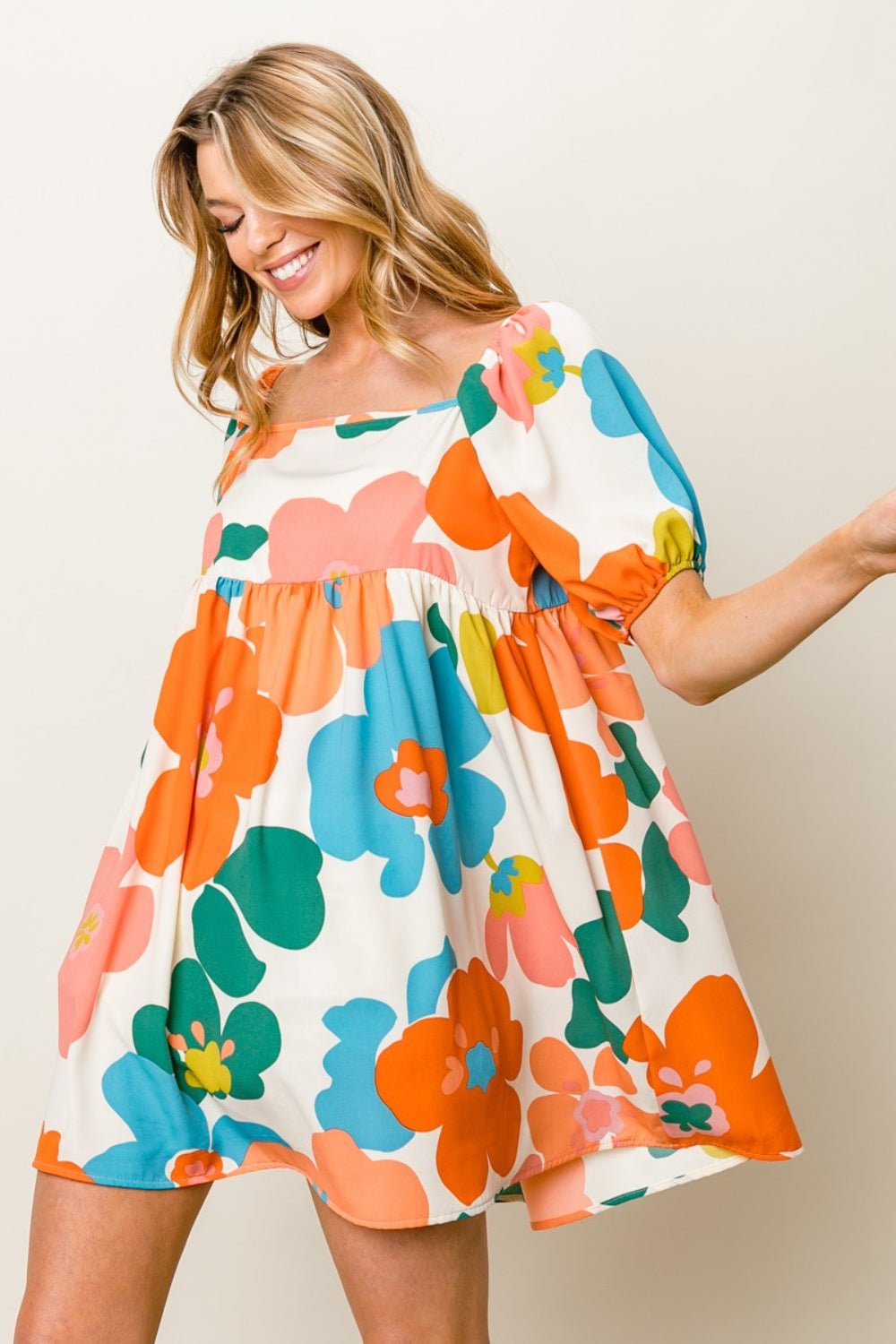 Floral Puff Sleeve Mini Dress in Cream/Orange/BlueMini DressBiBi