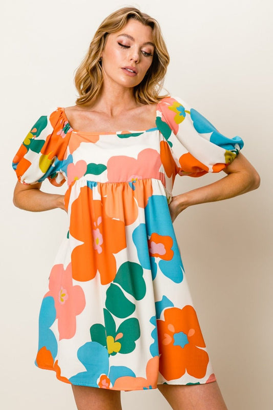 Floral Puff Sleeve Mini Dress in Cream/Orange/BlueMini DressBiBi