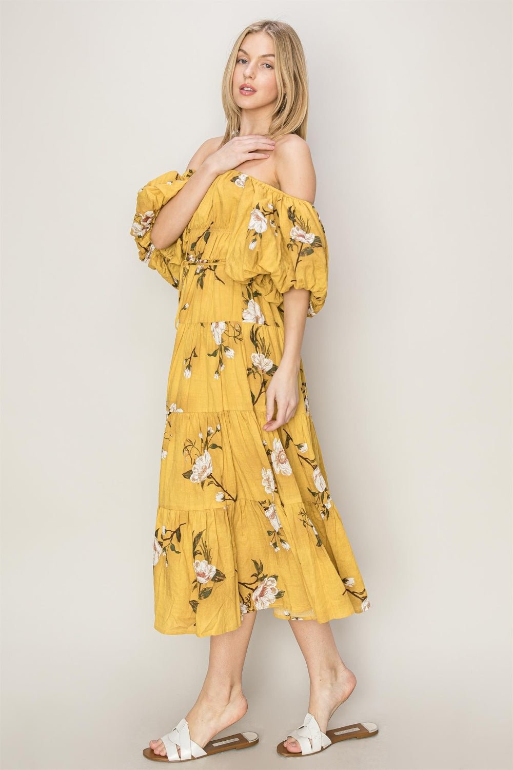 Floral Puff Sleeve Tiered Midi Dress in MustardMidi DressHYFVE