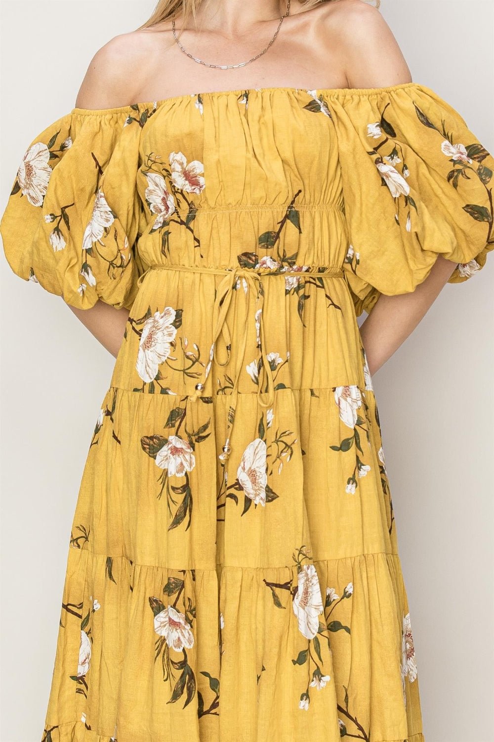 Floral Puff Sleeve Tiered Midi Dress in MustardMidi DressHYFVE