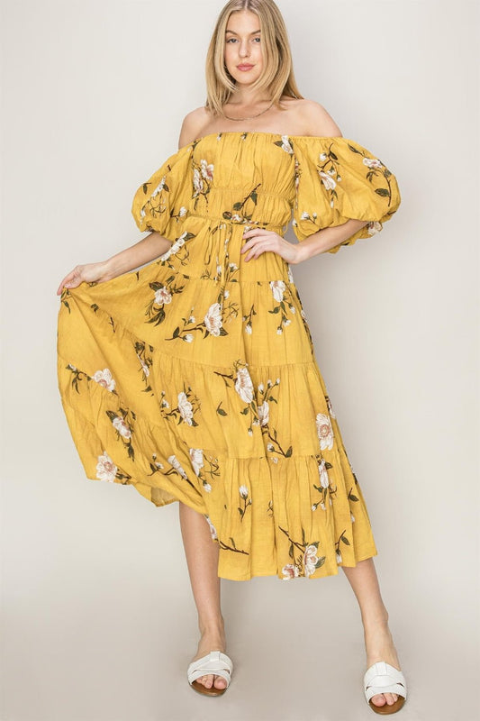 Floral Puff Sleeve Tiered Midi Dress in MustardMidi DressHYFVE