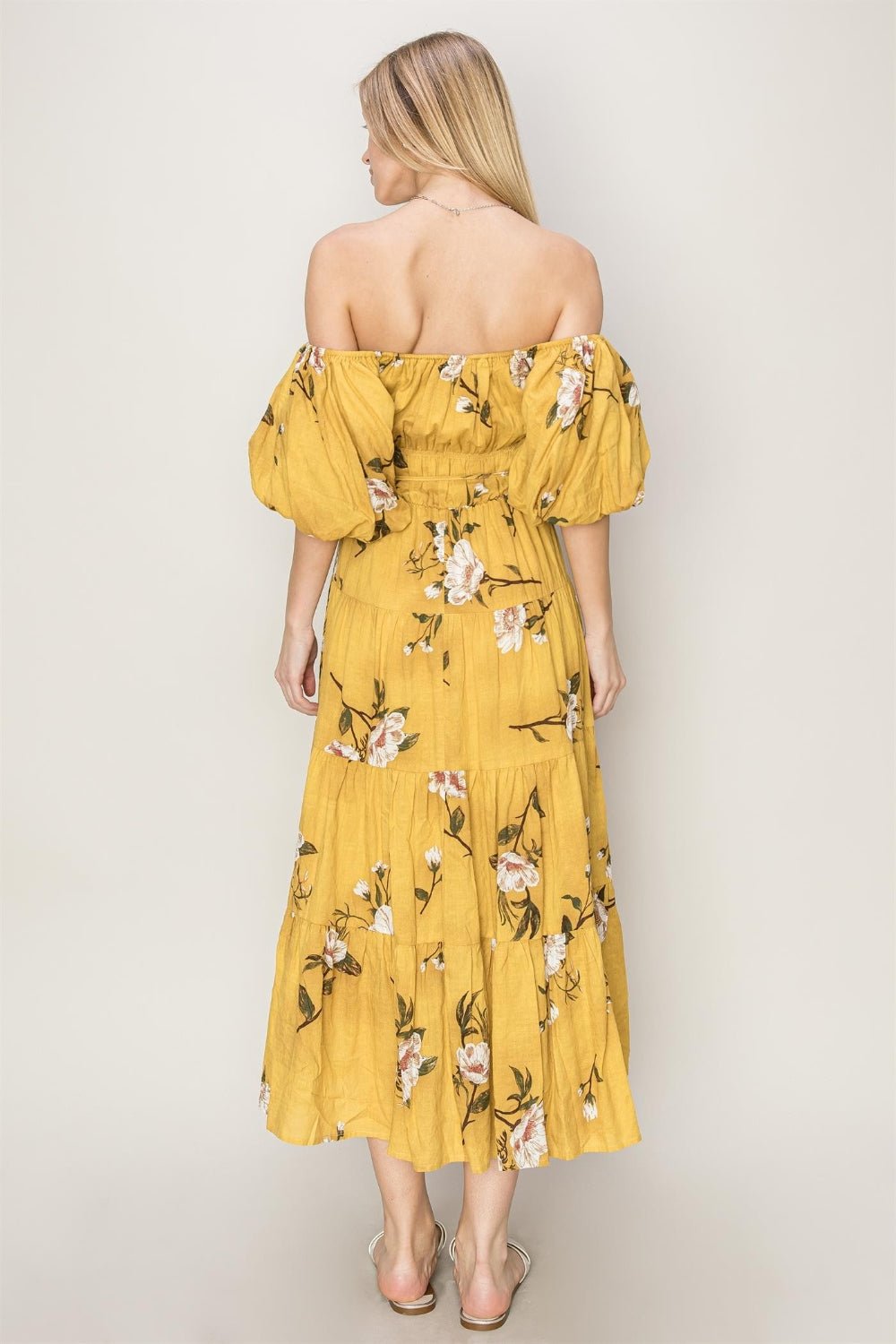 Floral Puff Sleeve Tiered Midi Dress in MustardMidi DressHYFVE