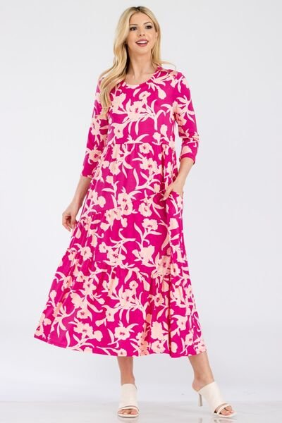 Floral Ruffle Hem Midi Dress in FuchsiaMidi DressCeleste Design