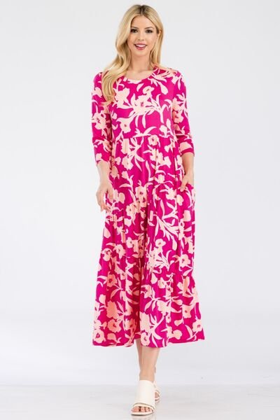 Floral Ruffle Hem Midi Dress in FuchsiaMidi DressCeleste Design