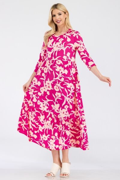 Floral Ruffle Hem Midi Dress in FuchsiaMidi DressCeleste Design