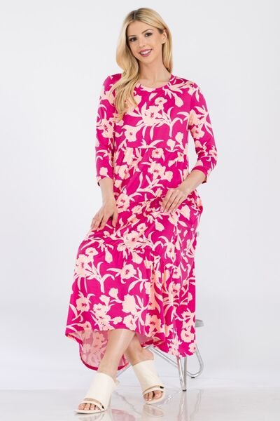 Floral Ruffle Hem Midi Dress in FuchsiaMidi DressCeleste Design