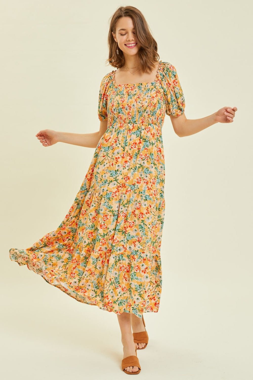 Floral Smocked Tiered Midi Dress in PeachMidi DressHEYSON