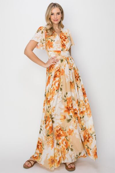 Floral Tie Back Short Sleeve Side Slit Maxi Dress in OrangeMaxi DressHYFVE