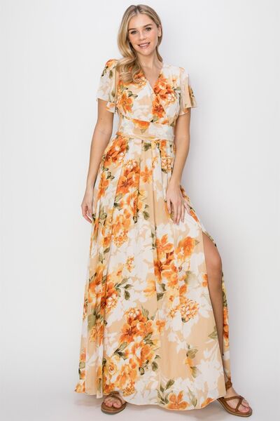 Floral Tie Back Short Sleeve Side Slit Maxi Dress in OrangeMaxi DressHYFVE