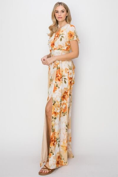 Floral Tie Back Short Sleeve Side Slit Maxi Dress in OrangeMaxi DressHYFVE