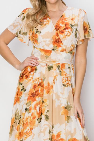 Floral Tie Back Short Sleeve Side Slit Maxi Dress in OrangeMaxi DressHYFVE