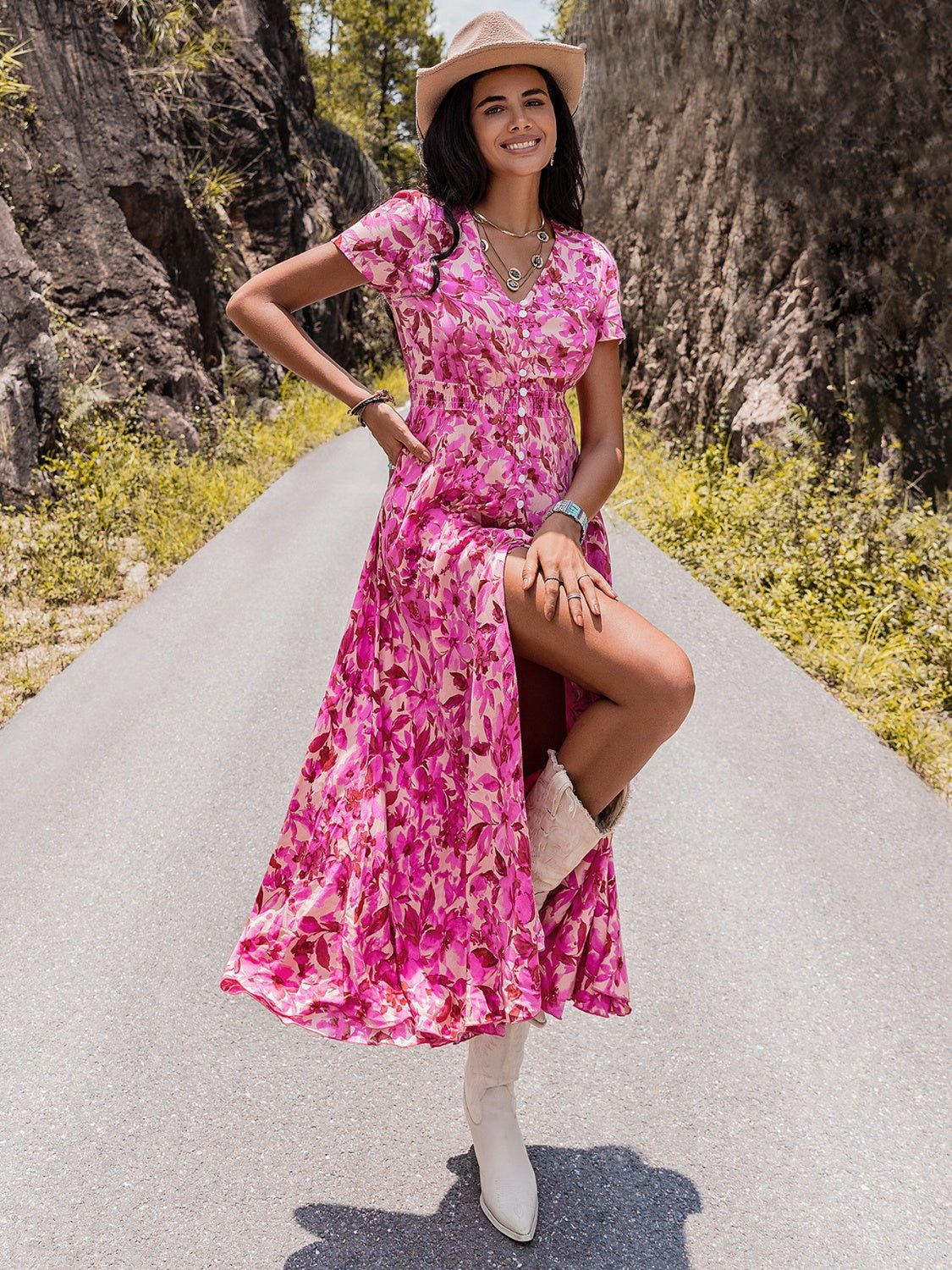 Floral V-Neck Front Slit Maxi DressMaxi DressBeach Rose Co.