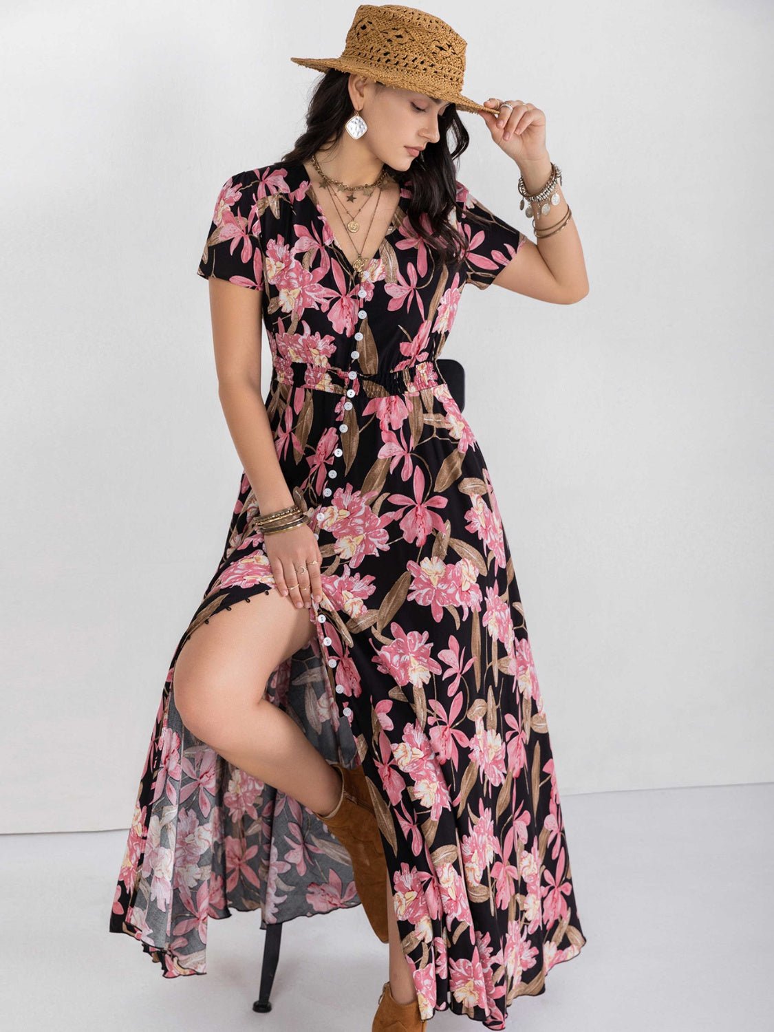 Floral V-Neck Front Slit Maxi DressMaxi DressBeach Rose Co.