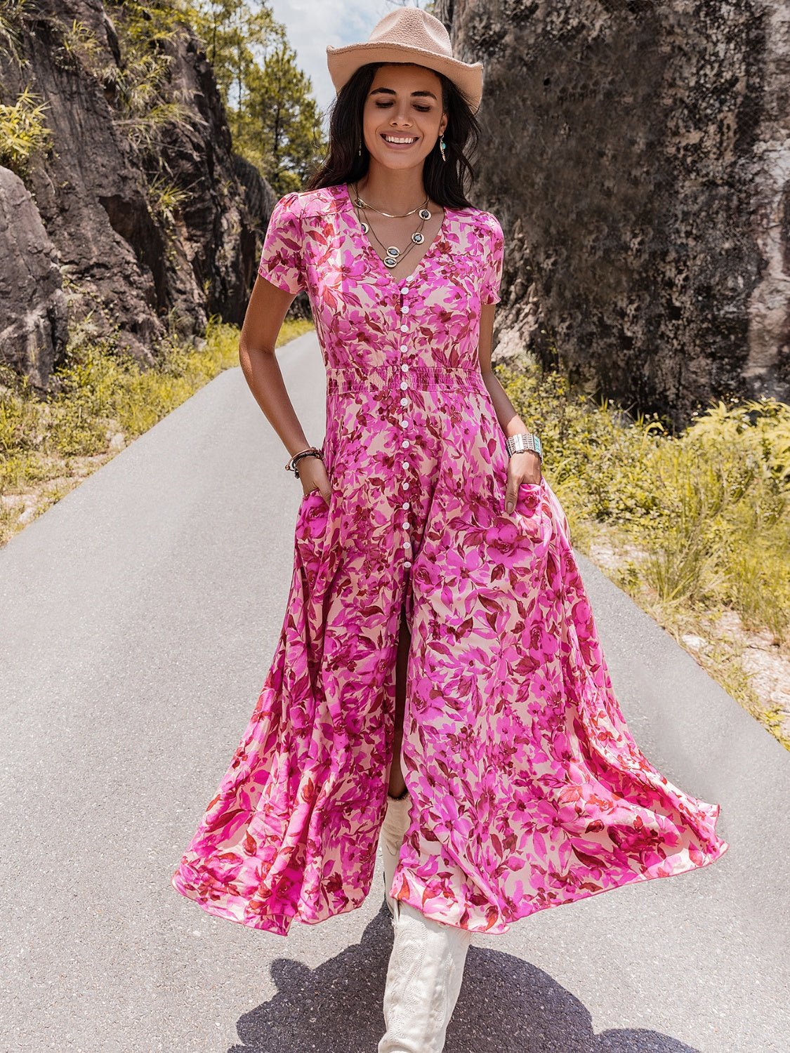 Floral V-Neck Front Slit Maxi DressMaxi DressBeach Rose Co.