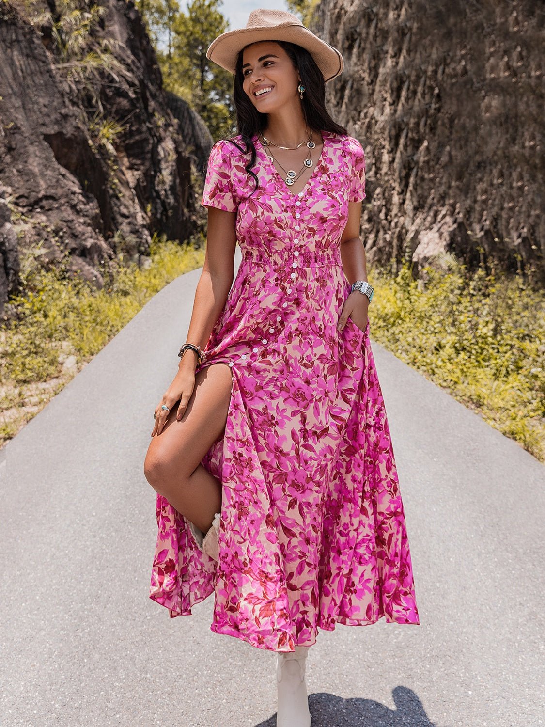 Floral V-Neck Front Slit Maxi DressMaxi DressBeach Rose Co.