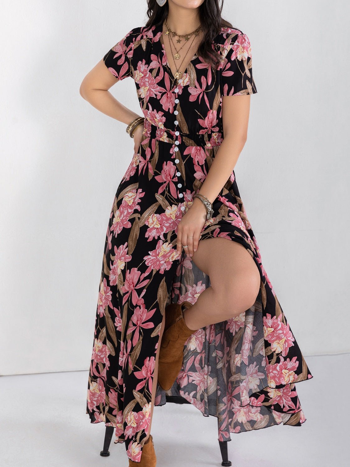 Floral V-Neck Front Slit Maxi DressMaxi DressBeach Rose Co.