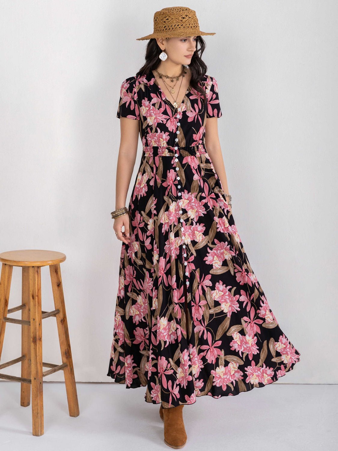 Floral V-Neck Front Slit Maxi DressMaxi DressBeach Rose Co.