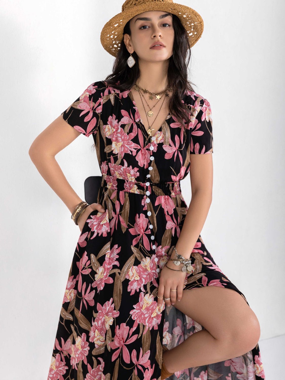 Floral V-Neck Front Slit Maxi DressMaxi DressBeach Rose Co.