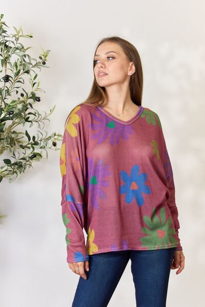 Floral V-Neck Long Sleeve Top in MagentaTopHOPELY